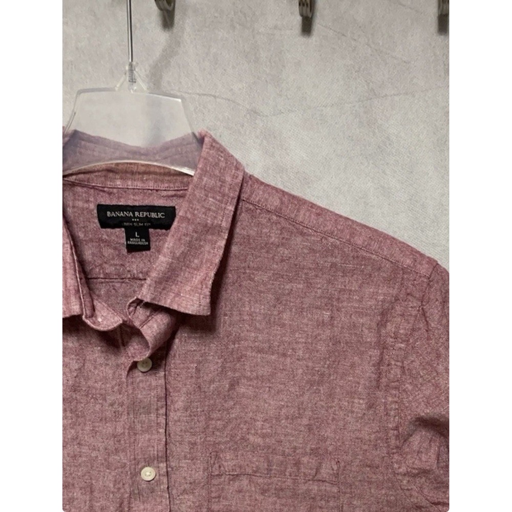 Banana Republic Shirt Men L Red Linen Blend Button Up Slim Hybrid Roll Up Sleeve